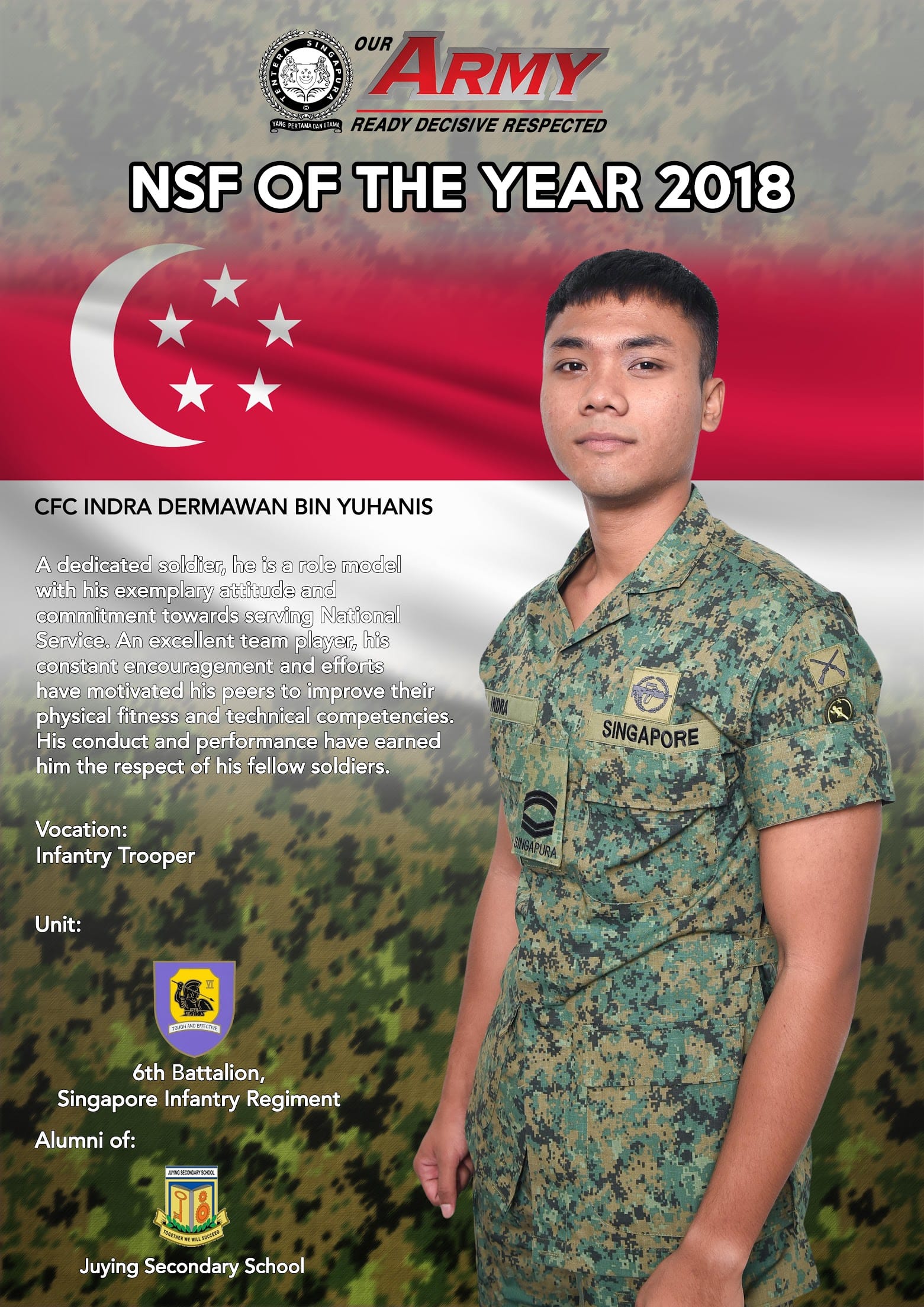 Award poster for Singapore Army NSF of the Year 2018, featuring a young male soldier in camouflage uniform.